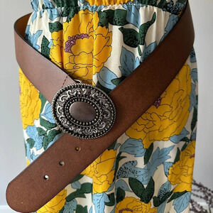 Brown Leather Western Belt with Ornate Silver-Tone Buckle